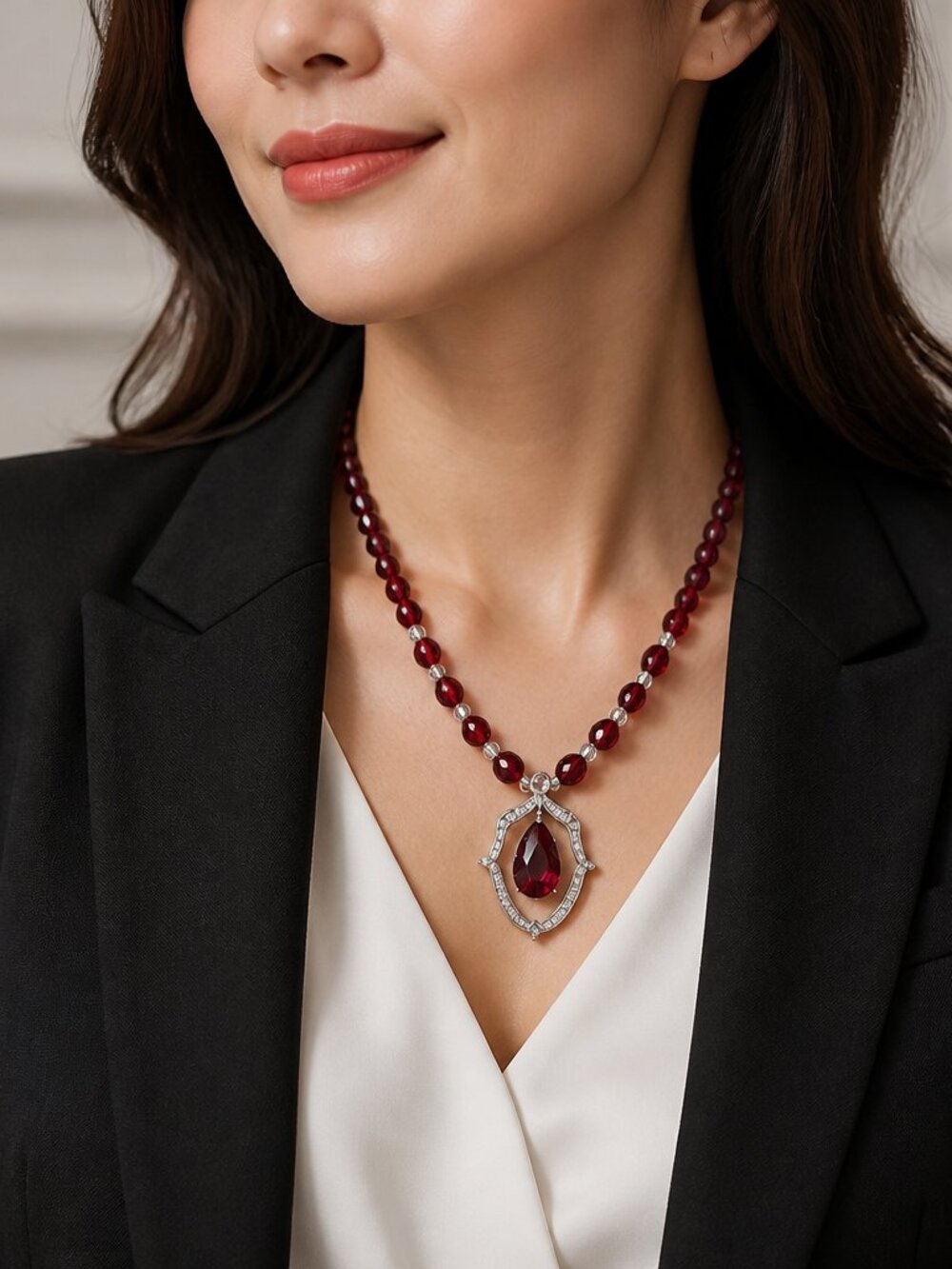 Elegant Ruby Red Necklace with Silver Accents